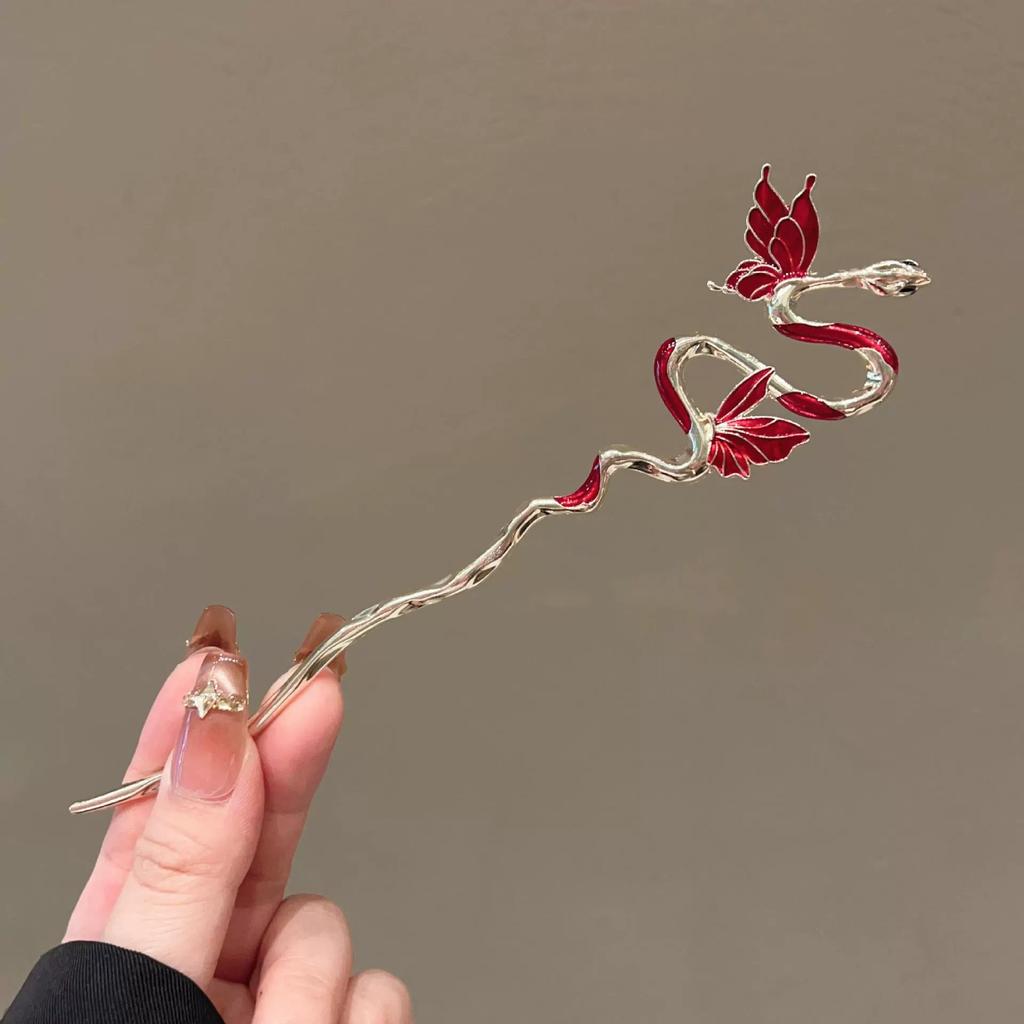 Snake Hairpin Vintage Advanced Sense Chinese Style Hair Stick Metal Flower Hair Pin Plate Hair Retro Hair Clip Hair Accessory
