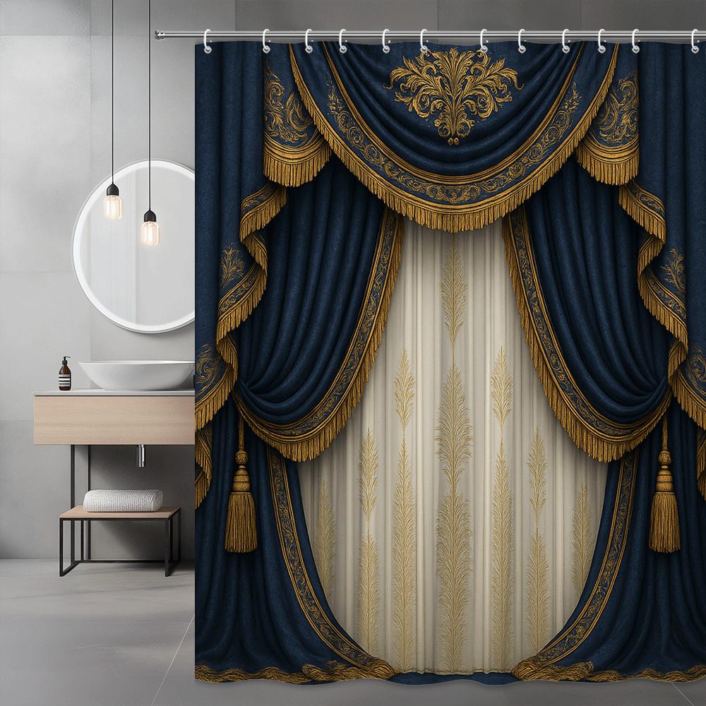 Royal Blue Gold Embroidered Theater Shower Curtain Machine Washable All Season Waterproof Privacy Protection Design Elegant