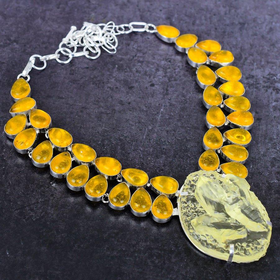 Natural Citrine Druzy, Amber 925 Sterling Silver Jewelry Necklace 18" R9G47