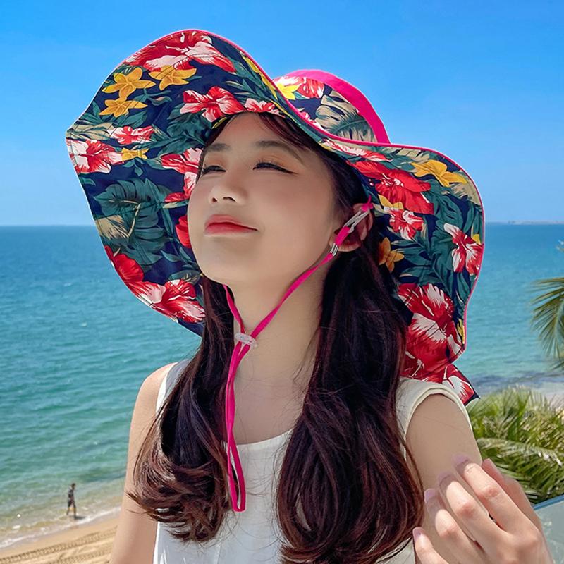 Women's Extra Wide Brim Beach Sun Hat, Summer Fashion Printed Ribbon Sun Cap, UV Protection Foldable Breathable hat