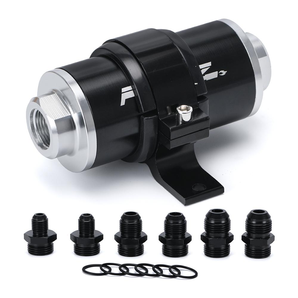 ID:58MM Universal Fuel Filter with Bracket with 2pcs AN6/AN8/AN10 Adaptor Fittings with 100micron Steel Element PQY5573+LS2511