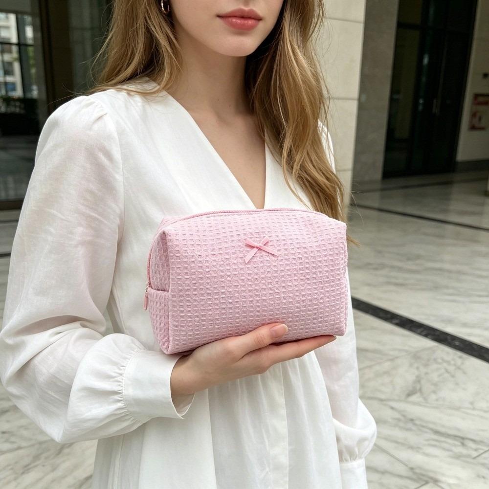 Large Capacity Waffle Knit Makeup Bag Bow Decor Toiletry Organizer Sweet Cosmetic Bag Daily