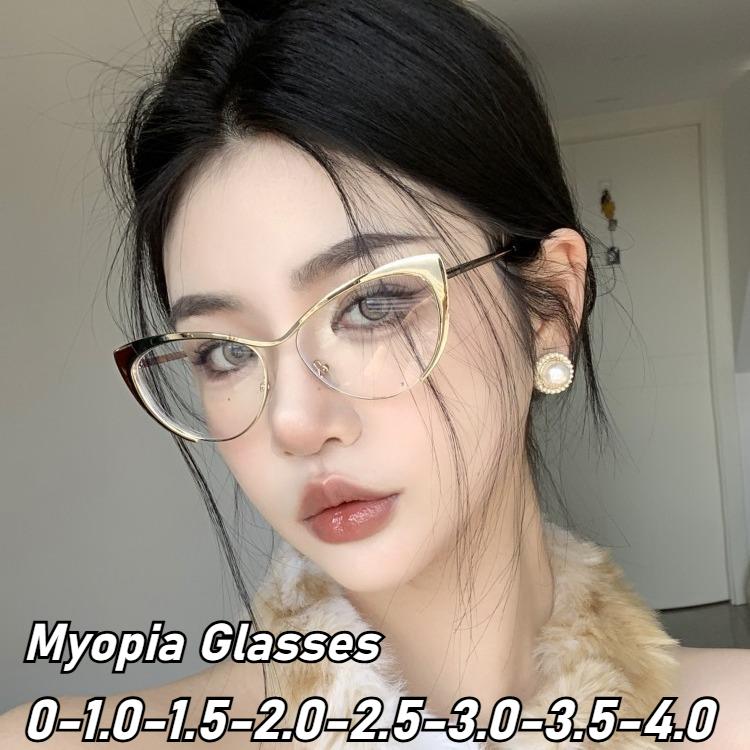 Men Women New Retro Cat Eye Myopia Glasses Fashion Design Metal Frames Luxury High Definition Blue Light Blocking Myopia Glasses