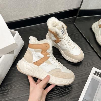 Outono e inverno couro cano alto pai sapatos femininos plataforma sola algodão botas casuais sola de espuma tênis