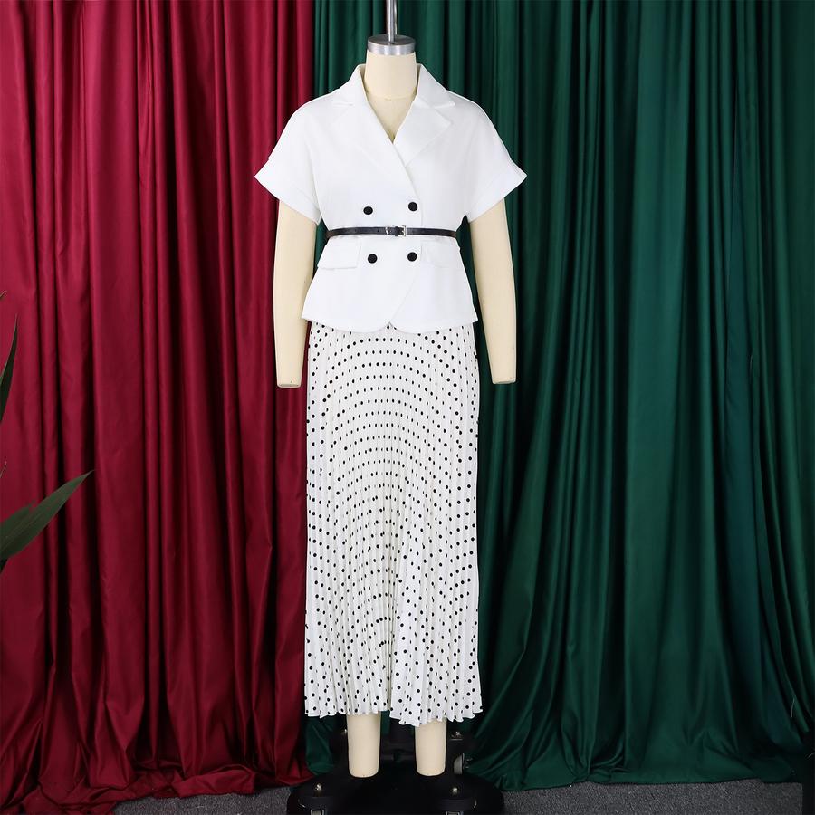 Stilvolles Blazer-Oberteil mit kurzen Ärmeln und gepunktetem A-Linien-Midiröck-Set