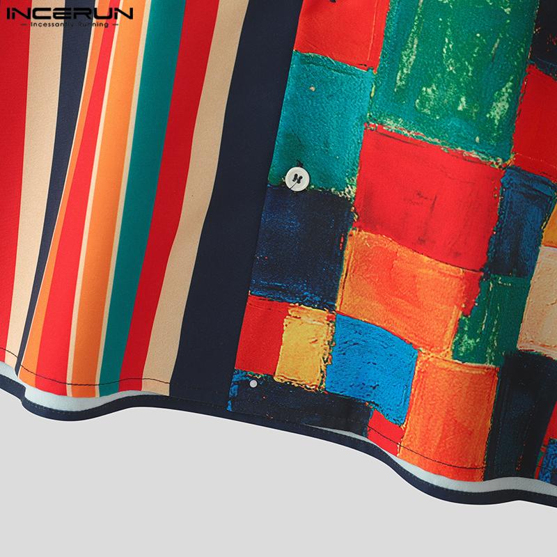 INCERUN Summer Oversized Men Lapel Striped Plaid Print Buttons Up Casual Hawaiian Shirts