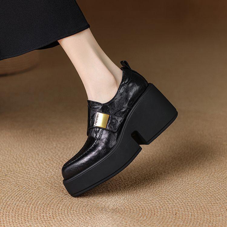 British style platform sheepskin high-heeled single shoes women's 2025 spring new muffin bottom wedge heel leather deep-mouth loafers