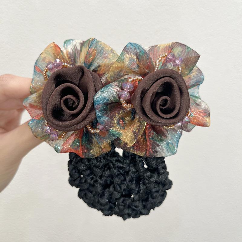 Women Hair Bun Cover Net Snood Hairnet Bow Barrette French Hair Clip Bow Ribbon Flower Hair Accessories For Banks Hotels Staff