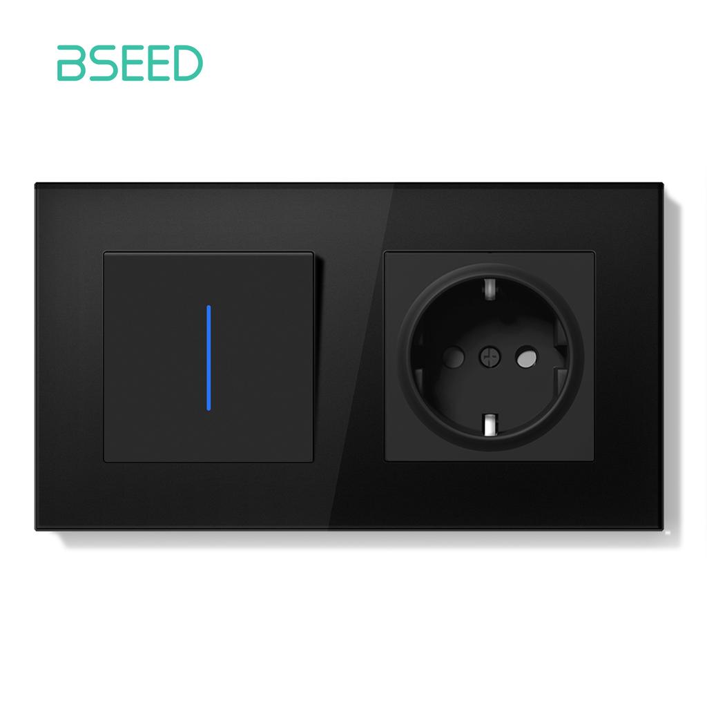 BSEED 1/2Gang Wall Light Switch Mechanical Double Button Switch 1Way With LED EU Sockets USB 20W Type-c Power Ports Glass Panels
