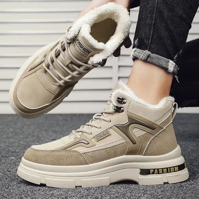 Herrkängor Vinter Tjock Plysch Varma Bomullskängor Moderiktiga Vardagliga Höga Kängor Varma Herr Sneakers Snörning Plattformskänga