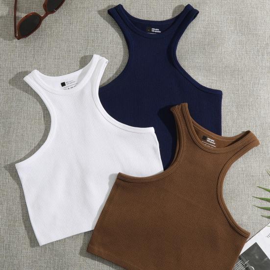 Women Running Vest O-Neck Sleeveless Short Tank Tops Solid Color Ribbed Elastic Fitting Quick Drying Racer Back Vest