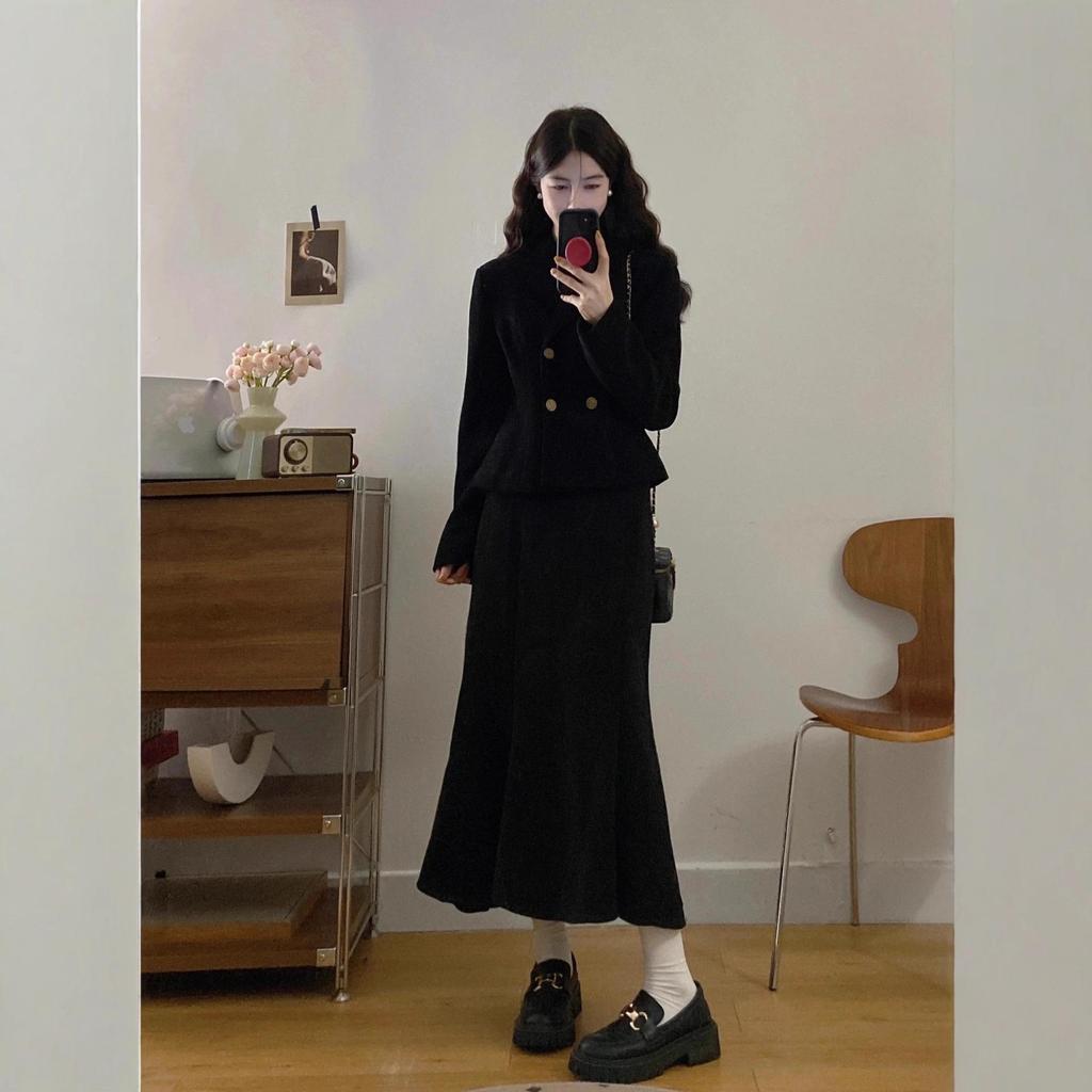 Corduroy Waist-Cinching Jacket & Skirt Set, Women's Plus Size, Elegant Slimming Two-Piece for Autumn/Winter