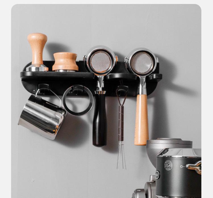 Wall-Mounted Coffee Accessory Organizer with Tamper Holder & Hammer Bar