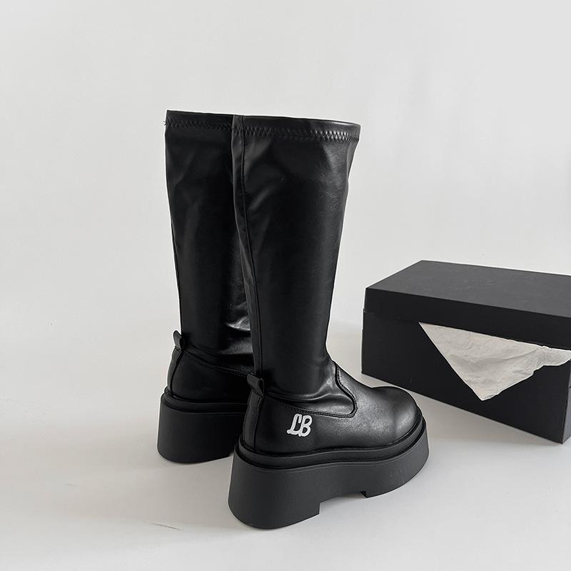 Høst Vinter Dame Knehøye Støvler Mote Komfort Mykt Skinn Plattforms hæl Lange Ankelstøvletter Trend Damesko