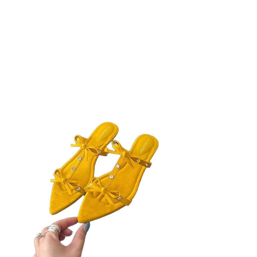 New retro bow pointed head soft leather soft sole small slope heel heightening shoes half drag cool slippers