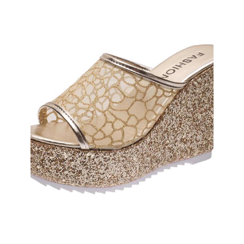 Mode 2025 Bling Goldene Damen Hausschuhe Sommerschuhe Plateau(4 cm) Außerhalb der Umkleidekabine 11 cm High Heels Wedges aus massivem Mesh für Damen
