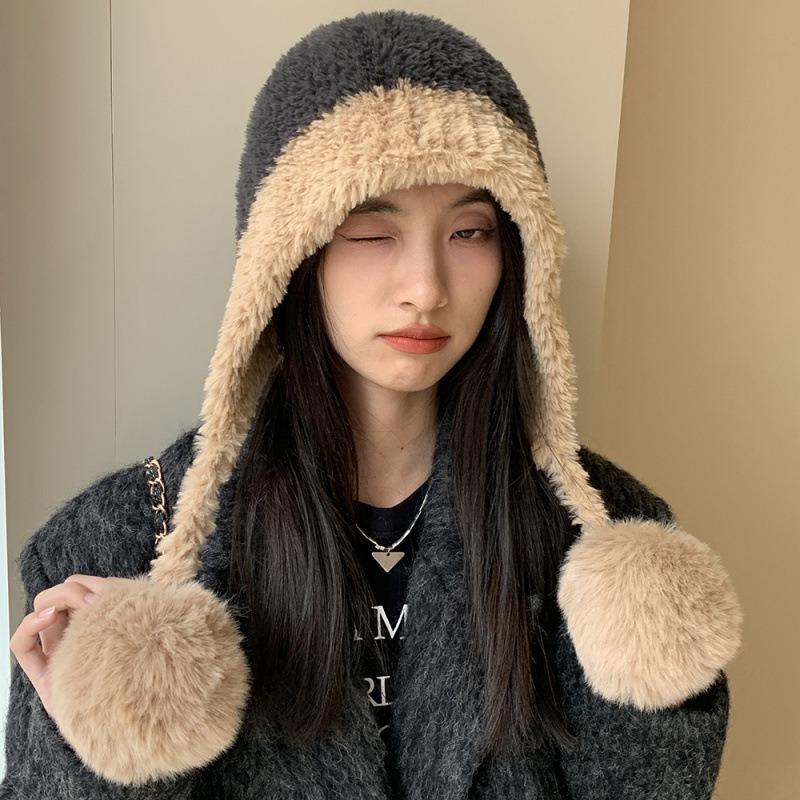 1pc Women'S Winter Pom-Pom Ear Flap Beanies, Fleece-Lined Thick Hats, Stretchy Large Head Circumference Windproof Hats for Cycling And Outdoor Use