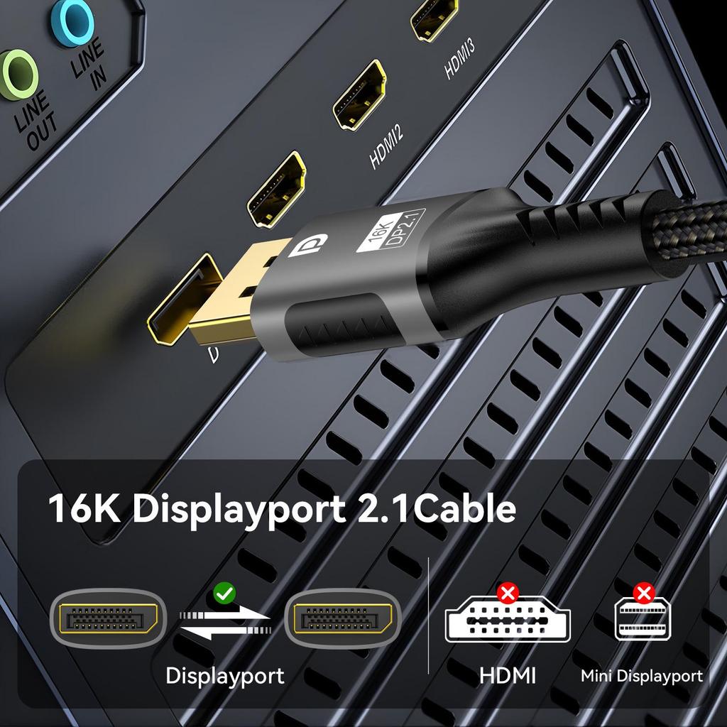 16K DisplayPort 2.1 Cable, 8K@120Hz, DSC, 80Gbps Bandwidth, High Definition & Refresh Rate.