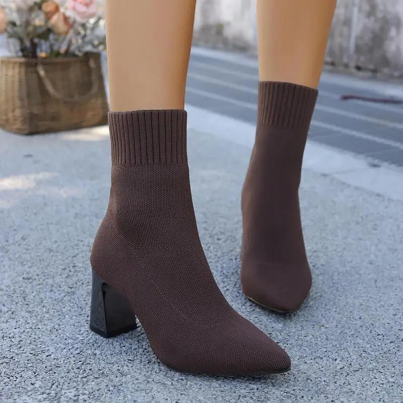Women's Pointed Toe High Heels Sock Boots  Autumn Brown Breathable Knitted Boots Woman Sexy Thick Heeled Dress Party Shoes