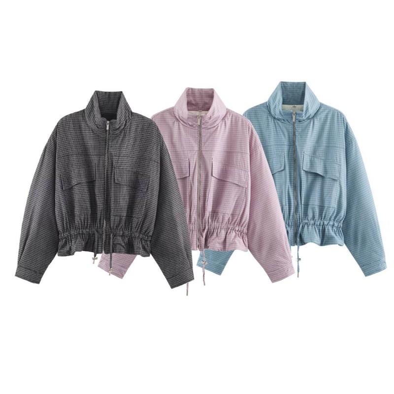 2026 Womens Plaid Stand Collar Cotton Jacket Casual Zip Up Outerwear