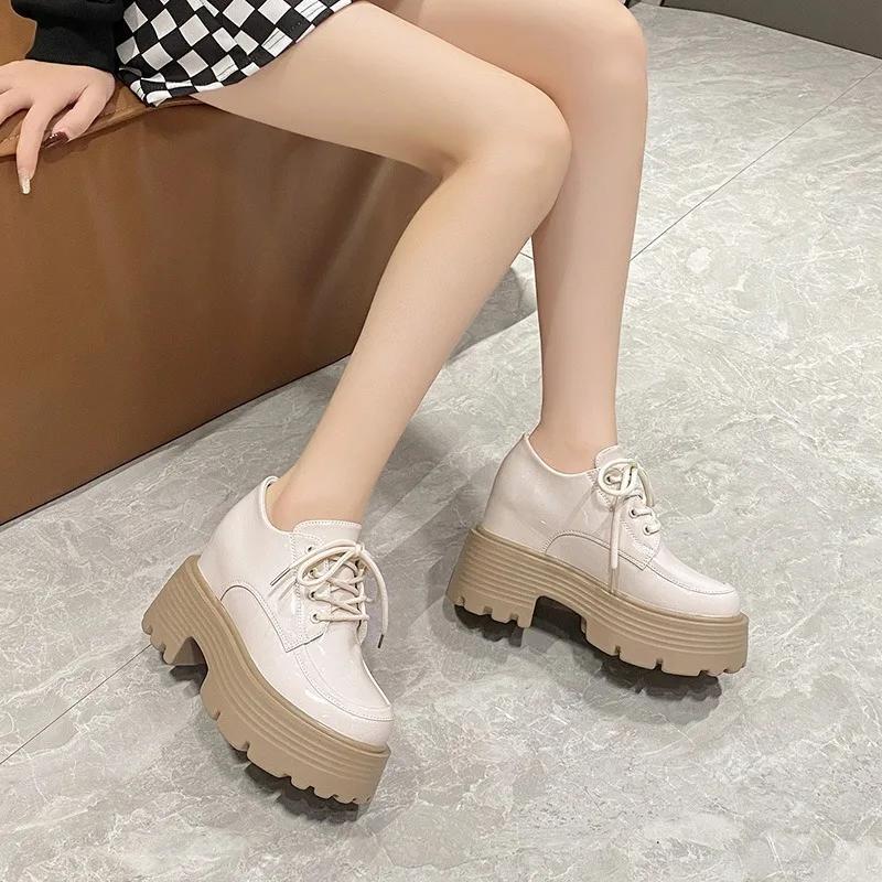 Fashion 10CM Women Patent Leather Platform Sneakers Wedge Heels Ladies Autumn Chunky Shoes Pumps Woman Lace-Up Thick Sole Casual Shoes