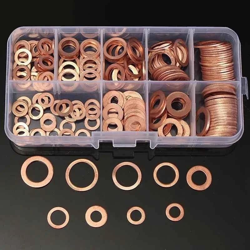 100-400PCS Copper Washer Gasket Nut And Bolt Set Flat Ring Seal Assortment Kit With Box M4/M5/M6/M8/M10/M12/M14 For Sump Plugs