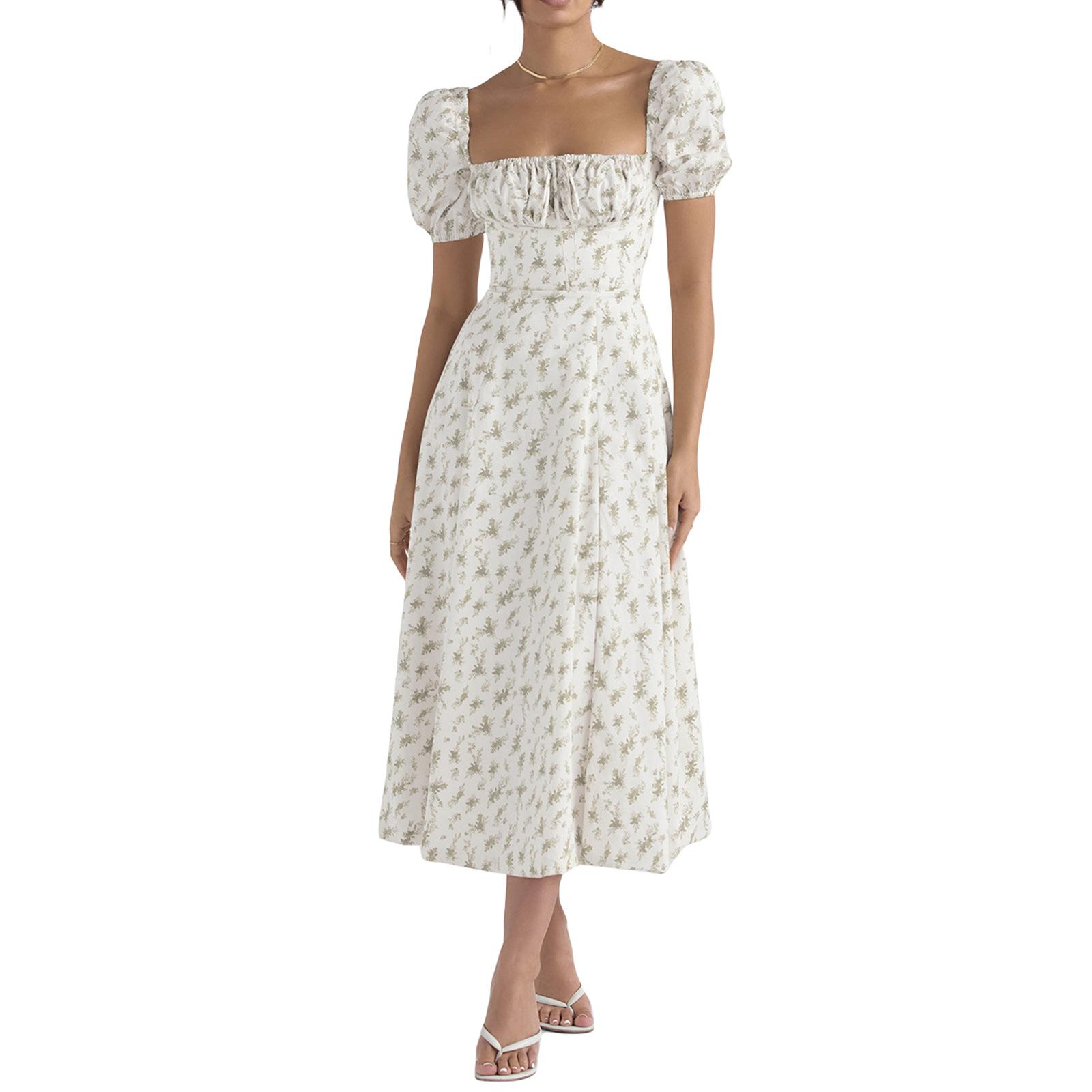 

Женское длинное платье в стиле ретро, ​​летнее богемное платье с цветочным принтом, пышными рукавами, квадратным воротником и завязками, платье с высоким разрезом, уличная одежда L зелёный