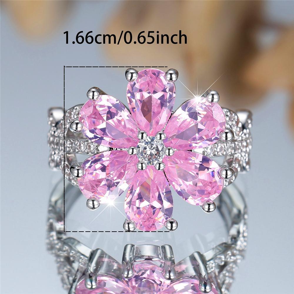 Trendy Pink Zircon Crystal Flower Vintage Silver Color Wedding Bands Engagement Rings For Women Men Minimalist Jewelry