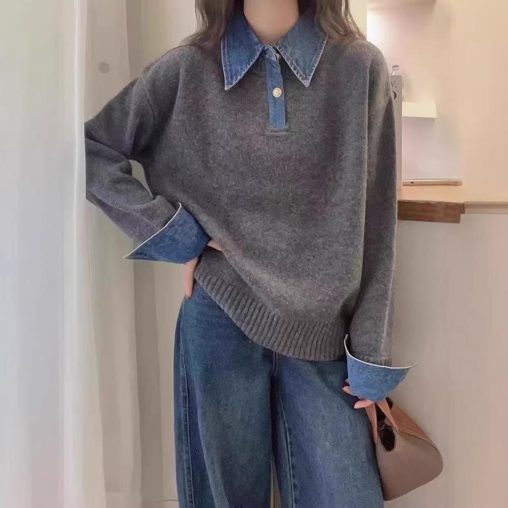 Cross-border Hot-selling Denim Sleeves Splicing Fake Two-piece Sweater Women's Autumn and Winter Women's Loose POLO Neck Knitted Sweater Women's