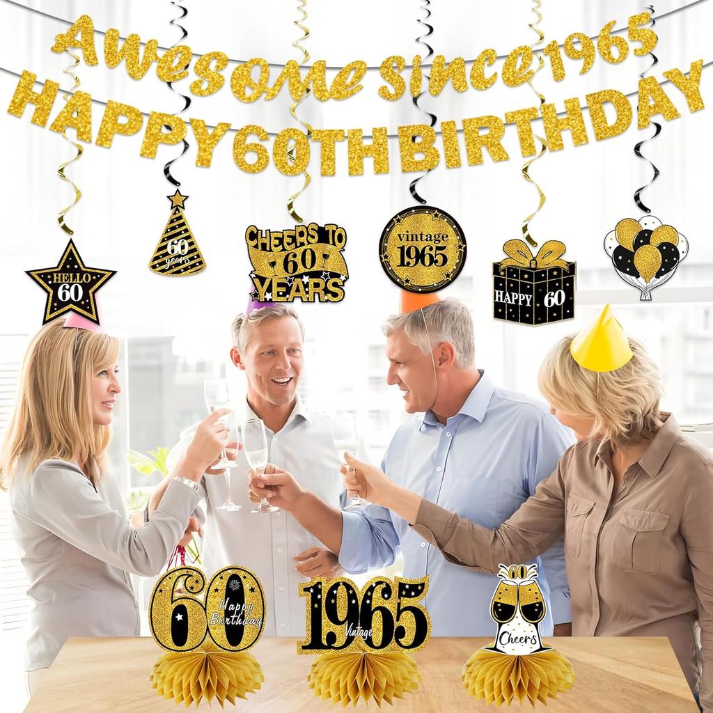 11Pcs 60th Birthday Decorations Kit for Men Women, Black Gold Happy 60th Birthday Banner, Awesome Since 1965 Centerpieces Swirls Party Supplies,
