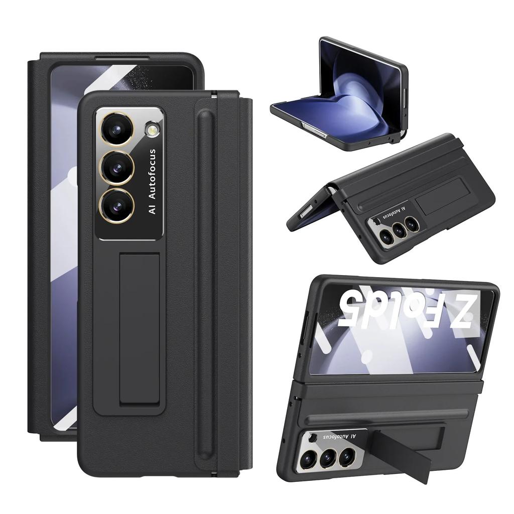 Luxury Leather With Holder Fold5 Fold6 Hinge Protector Case For Samsung Galaxy Z Fold 6 5 4 5G With Glass Screen Protector Cover