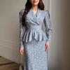 Cross-border European and American women's clothing, light blue floral lapel tie-up waist dress, retro ruffle edge dress