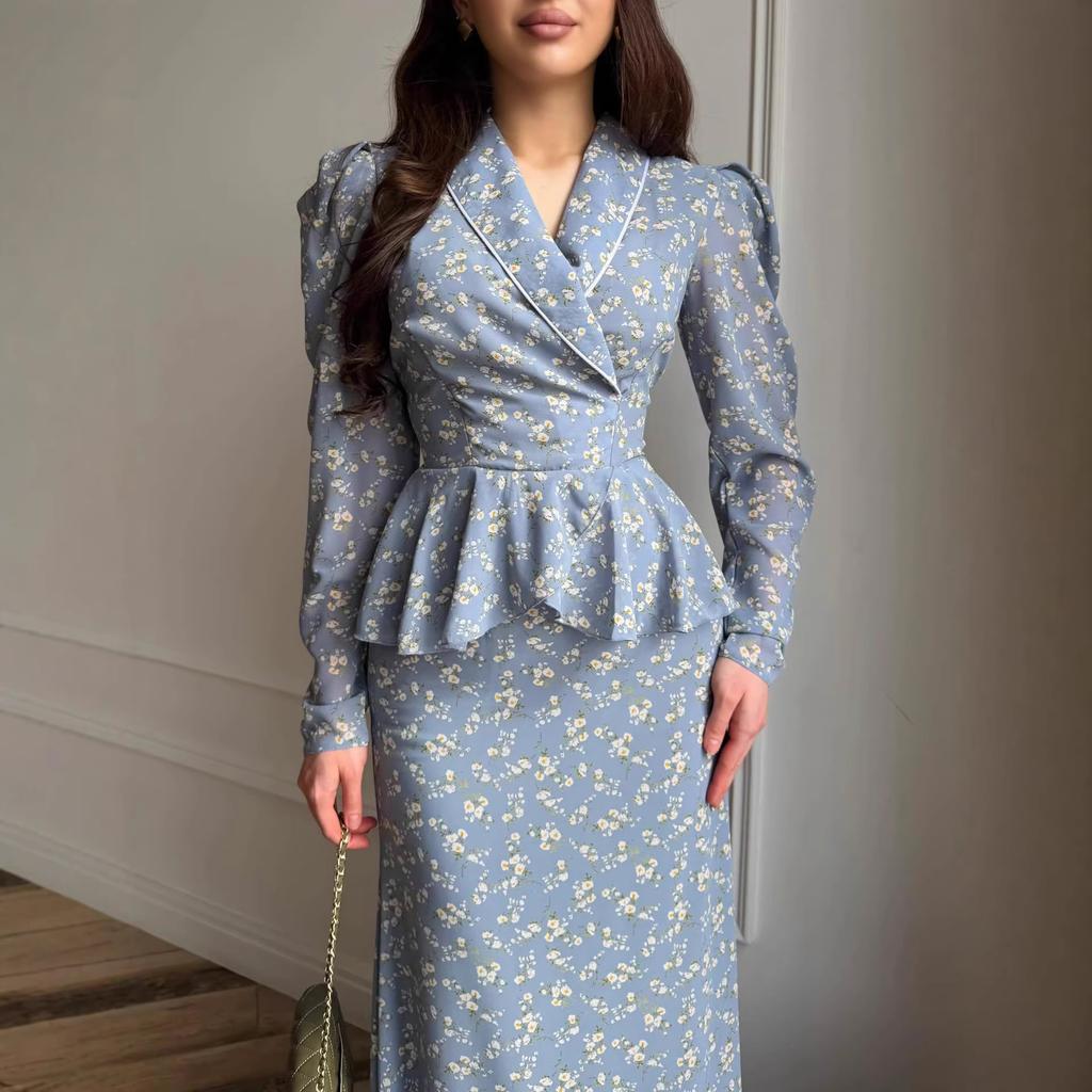 Cross-border European and American women's clothing, light blue floral lapel tie-up waist dress, retro ruffle edge dress