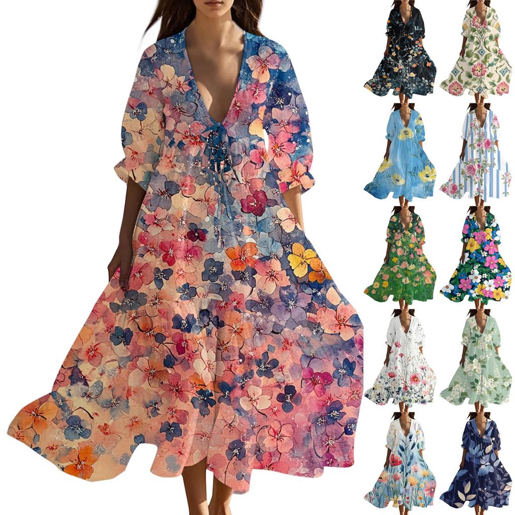 Women's Summer Fashion V-neck Retro Floral Print Short Sleeved Beach Dress With Lace Patchwork Dress