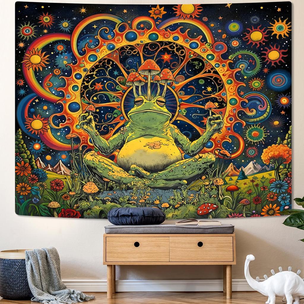 ARTCREATOR Funny Vintage Frog Mushroom Tapestry, Whimsical Mushroom Decor Hippie Wall Tapestries for Living Room Bedroom (29" X 37")