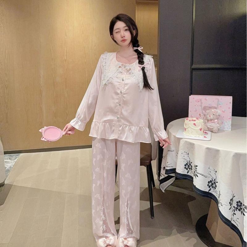 1011 lace cute princess style pajamas women's spring and autumn foreign style fashion can be worn outside loungewear two-piece set
