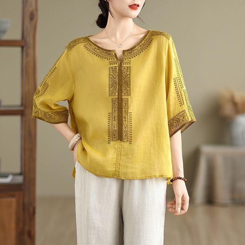 2026 Summer Tencel Linen Mid-Sleeve T-Shirt for Middle-Aged & Elderly Women, Loose Casual Solid Color Top