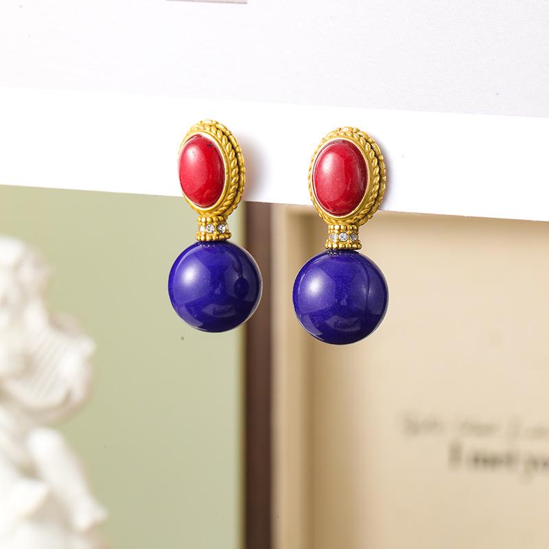 Vintage Böhmische Ohrringe mit Naturstein & Vergoldeten Silbernadeln