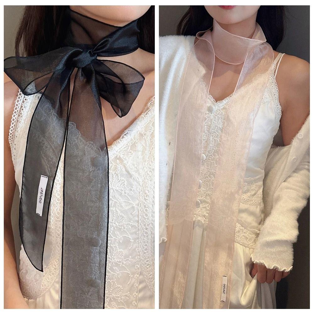 Thin Silk Scarf Pearl Shiny Belt Elegant Long Narrow Scarf  Spring Summer