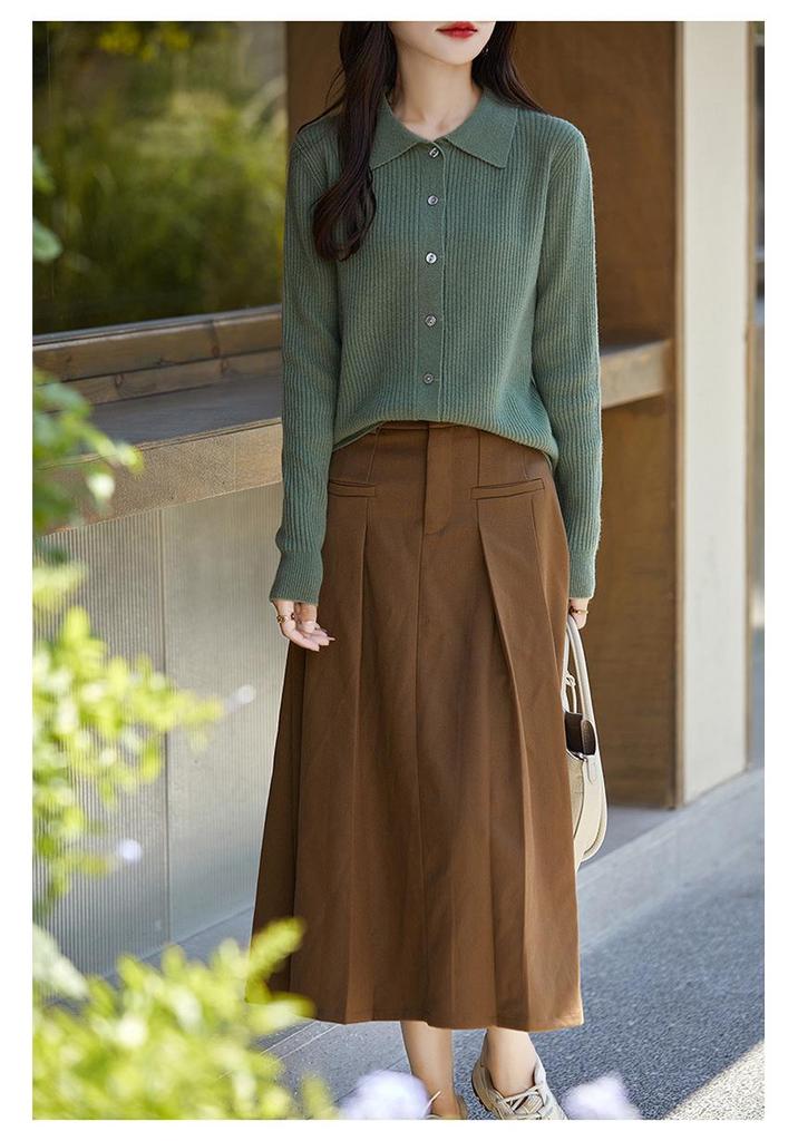 2024 Autumn/Winter Women's 100% Wool Striped Polo Collar Cardigan - Loose, Slimming, Versatile Fashion.