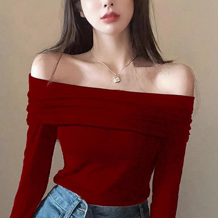 

Футболка с длинным рукавом и открытыми плечами из немецкого бархата для женщин: Облегающий, сексуальный, теплый топ на весну, осень и зиму XL красный