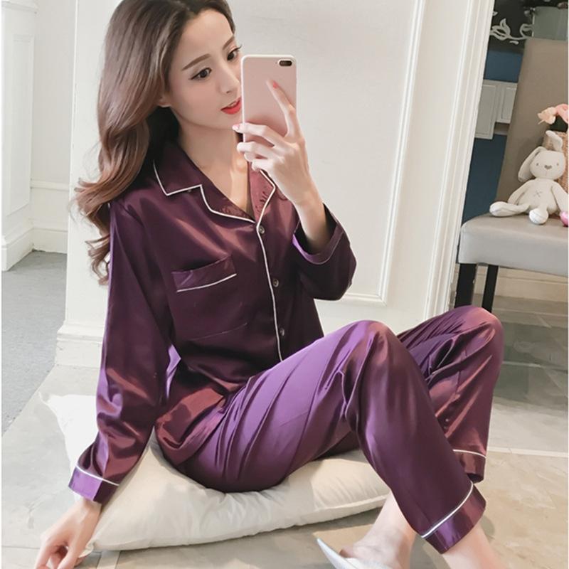 GMXIA Spring and Autumn Faux Silk Pajamas for Women, Long-sleeved Thin Shirts, Sexy Ice Silk Home Wear and Casual Pajama Sets