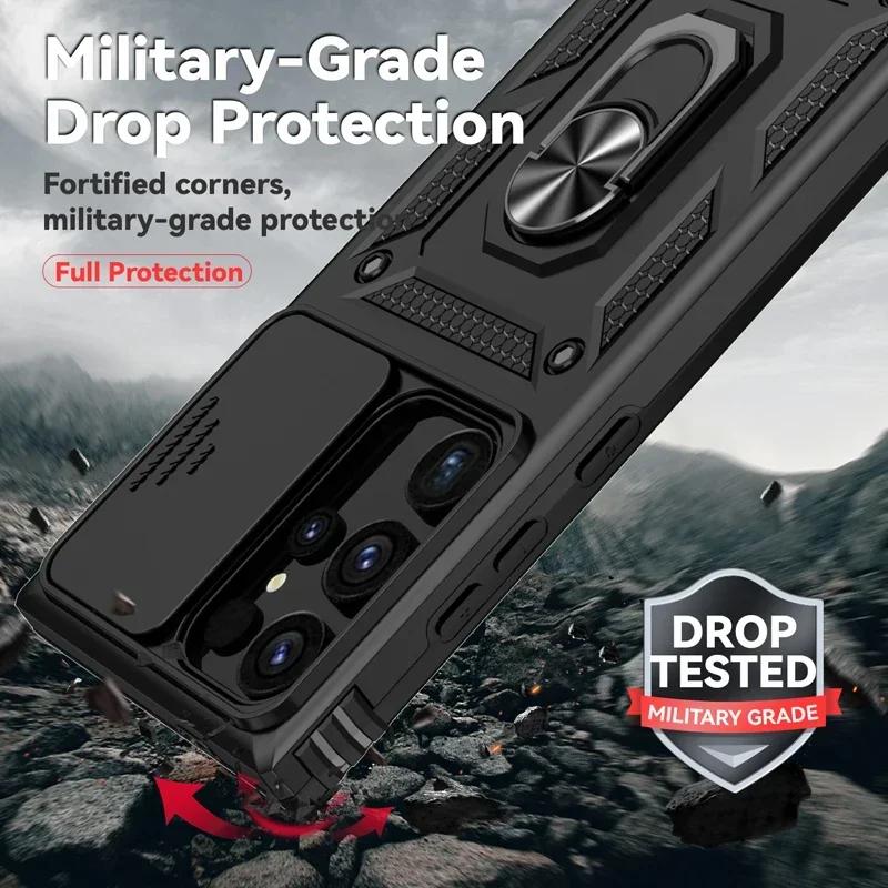 Ring Stand Rotating Slide Camera Lens Military Grade Armor Case For Samsung Galaxy S24 S23 S22 S21 FE S20 Note 20 Ultra A16 A06