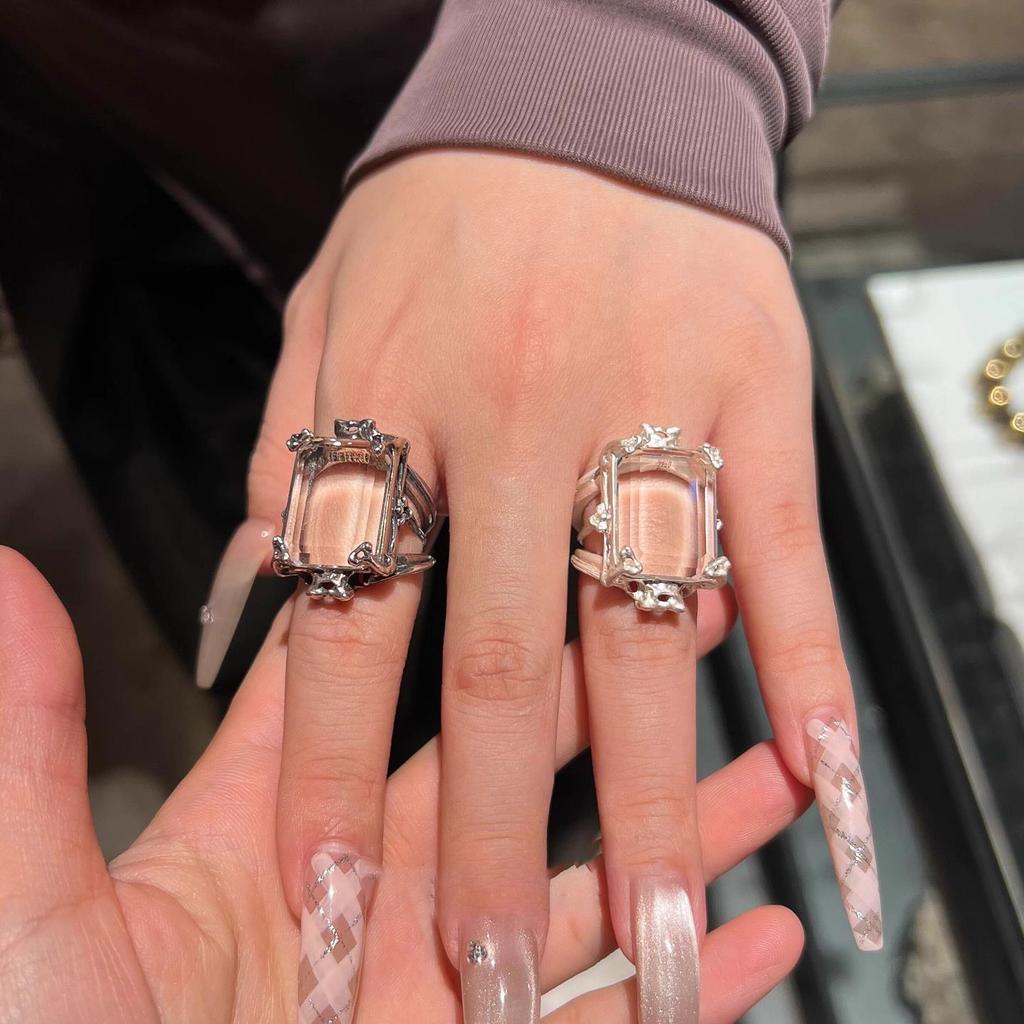 Fresh original transparent square white crystal rings for women luxurious and minimalist ring adjustable banquet  gift