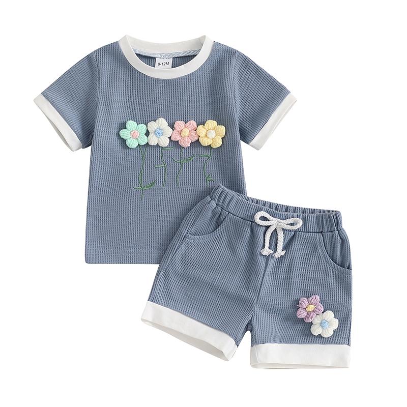 Toddler Girl Summer Waffled Clothes 3D Flower Short Sleeve Round Neck Tops Elastic Waist Shorts Children Outfit
