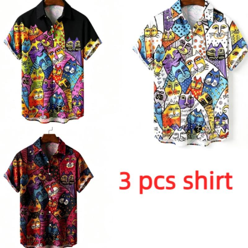 Summer Fashion Funny Colorful Cartoon Cat Printing Shirt Hawaiian Beach Vacation Clothing Men's Street Style Shirt Daily Men's and Women's Shirt