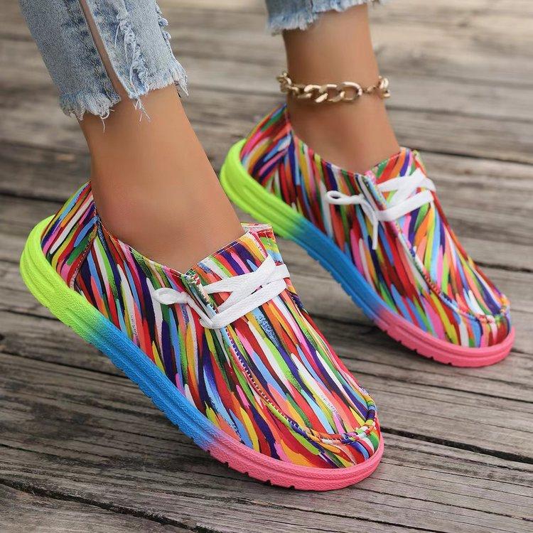 Large size new lace-up color low-top single shoes women's graffiti lazy canvas flat-soled single shoes