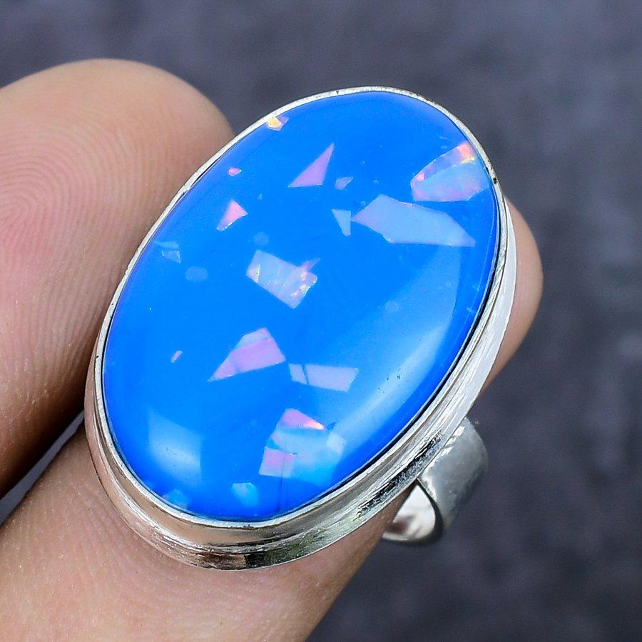 Blue Triplet Opal Gemstone Handmade 925 Sterling Silver Jewelry Ring Size 9 E7u82