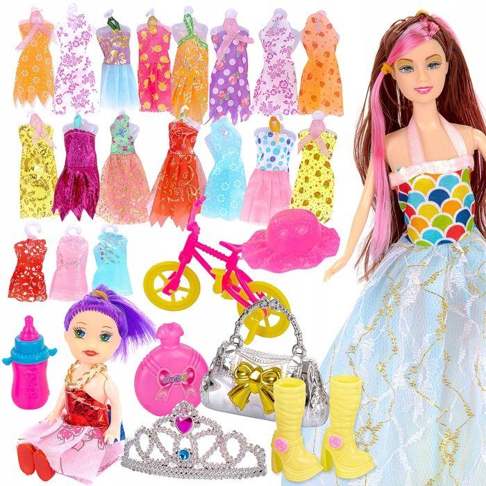 Coffret 2 poupées avec tenues et accessoires (28 cm + 10 cm) - vêtements, sac, chaussures, vélo (KP8410)