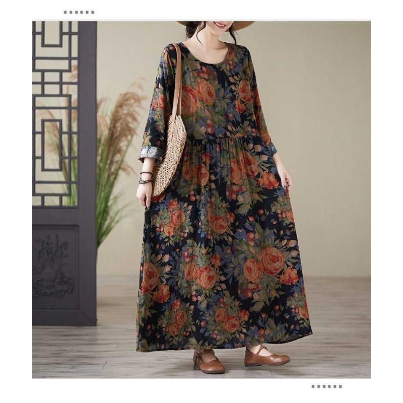 Printed Round Neck Loose Plus Size Long Sleeve Dresses for Women